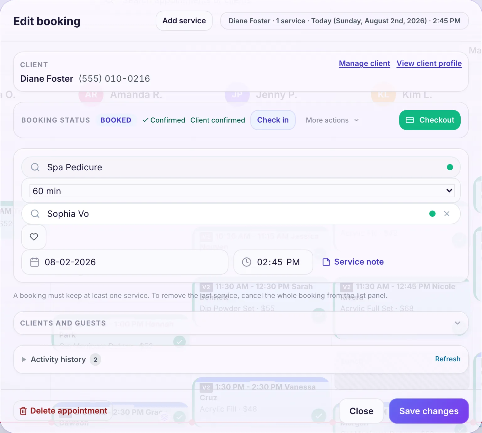 Navi appointment editor for a booked client: confirmed status with client-confirmation state, check-in and checkout buttons, the service with its technician and time, and activity history