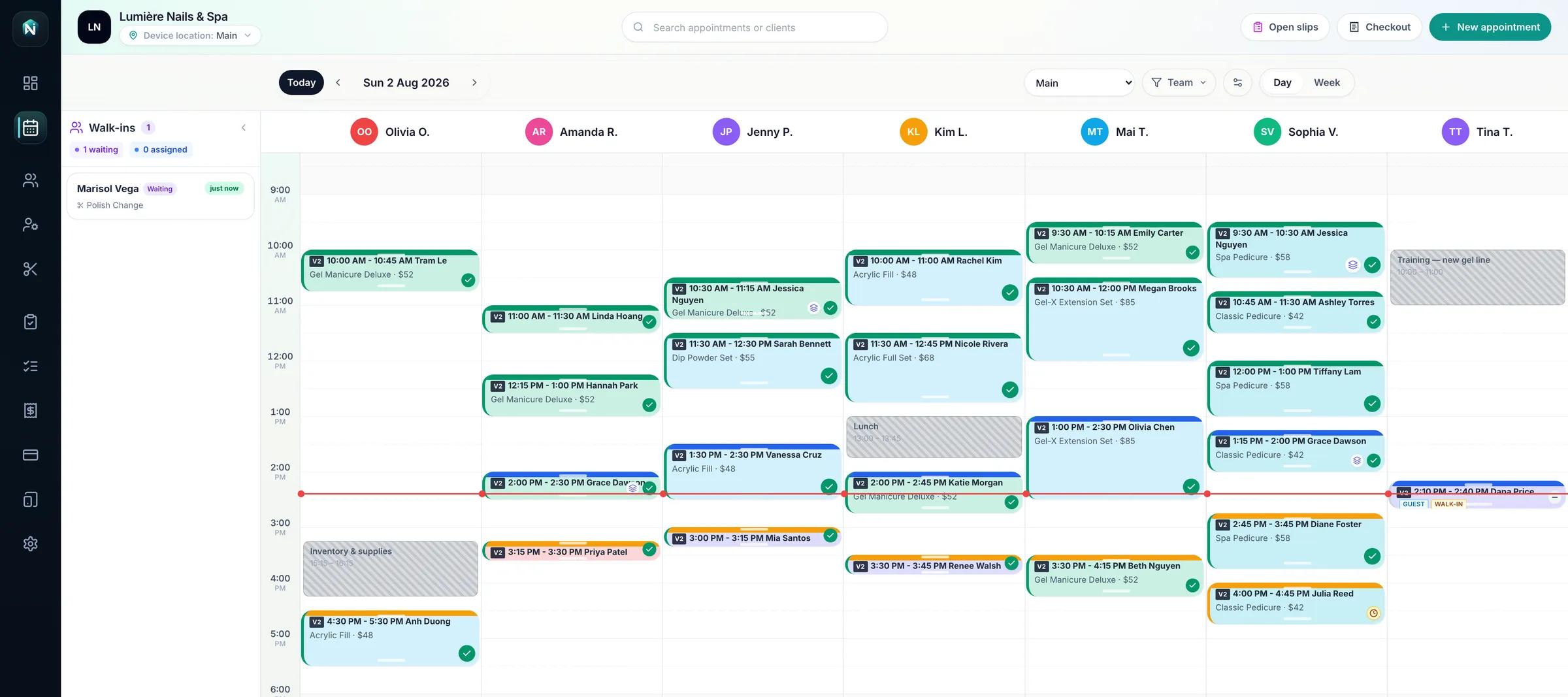 Navi Booking day calendar mid-afternoon: eight technician columns with completed morning appointments, two clients in the chair, confirmed upcoming visits, one awaiting confirmation, blocked time, and a walk-in waiting in the queue