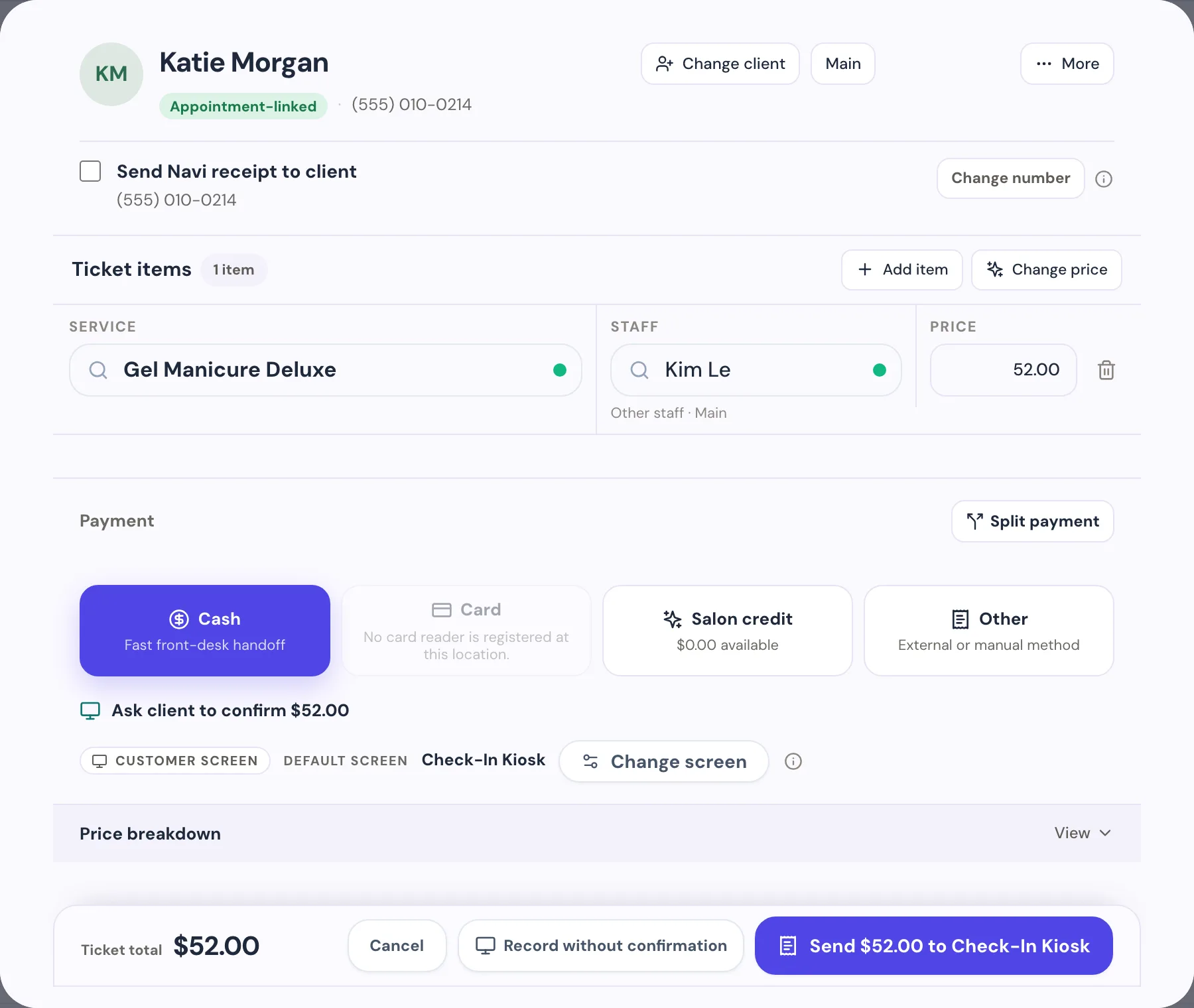 Navi checkout for an appointment-linked ticket: the service with staff and price, cash selected among card, salon credit, and other tenders, a customer-screen confirmation step, and the ticket total