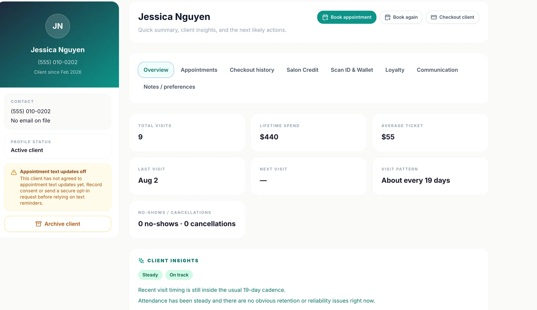 Navi client profile for a regular: 9 total visits, lifetime spend, average ticket, an every-few-weeks visit pattern, and client insights with rebooking on track and a preferred service