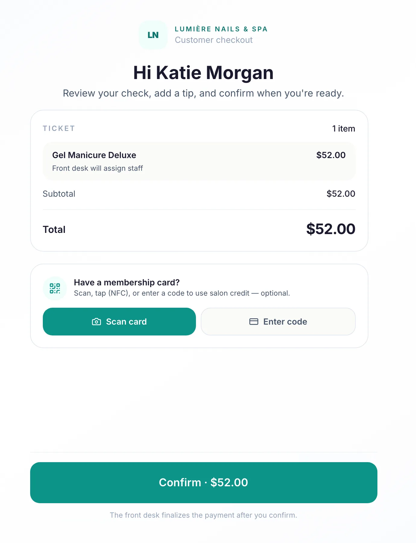 Navi customer screen greeting the client by name with the itemized ticket, an optional membership-card scan for salon credit, and a Confirm button for the total