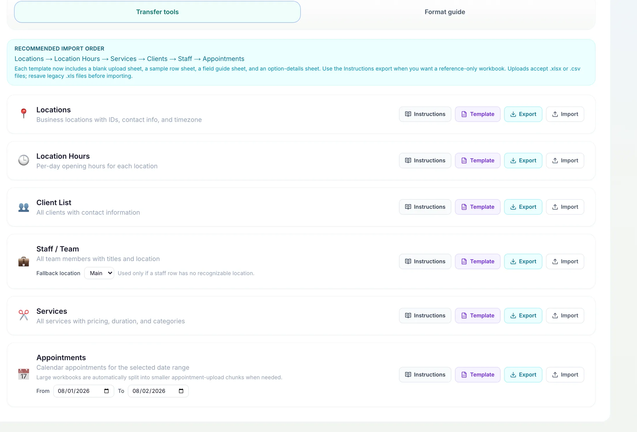Navi data import and export tools: a recommended import order and per-type rows for locations, hours, clients, staff, services, and appointments, each with instructions, a template, export, and import
